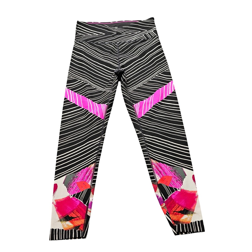 Calvin Klein Performance Womens Black White Stripe Pink Floral Leggings Size M